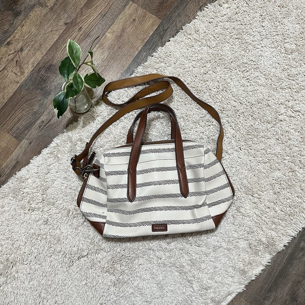 Fossil Cream Black Neutral Striped Sydney Satchel Crossbody Bag